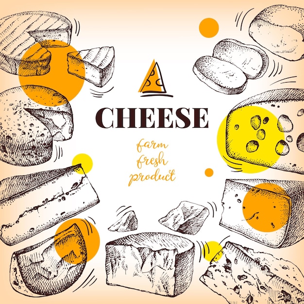 Vettore disegno a mano sullo sfondo del formaggio illustrazione vettoriale di alimenti a base di latte naturale disegno vintage
