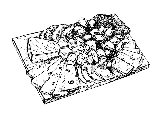 Hand drawn sketch of cheese, meat, grapes, apples, salami and pork on a wooden board. Dairy farm products cheese. Engraved style