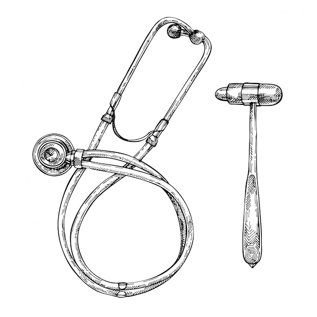 Hand-drawn sketch of Classic Stethoscope, neurological hammer and a phonendoscope. Medical tools.