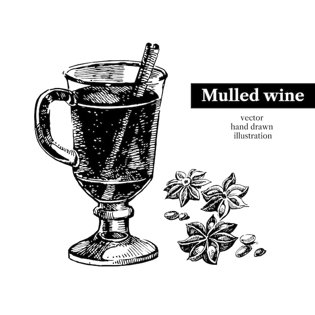 손으로 그린 스케치 칵테일 mulled 와인 빈티지 고립 된 개체 벡터 일러스트 레이 션