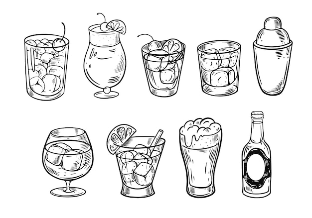 Hand drawn sketch cocktails set Black color outline vector illustration