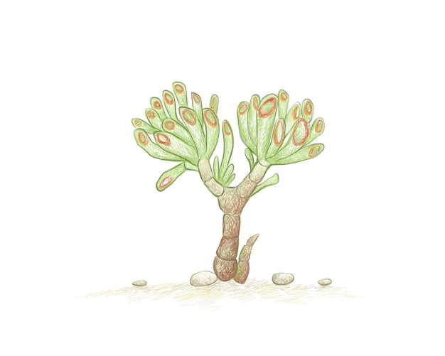 Hand drawn sketch of crassula ovata succulents plant