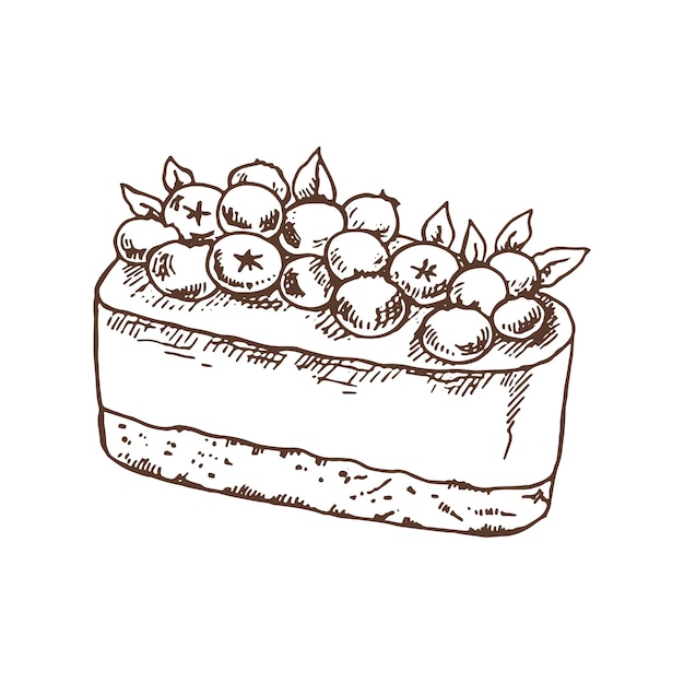 ブルーベリーのおいしいケーキの手描きのスケッチ