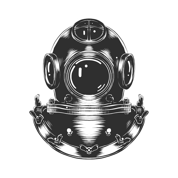 Hand drawn sketch of diving helmet in monochrome