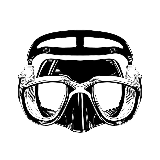 Hand drawn sketch of diving mask in black