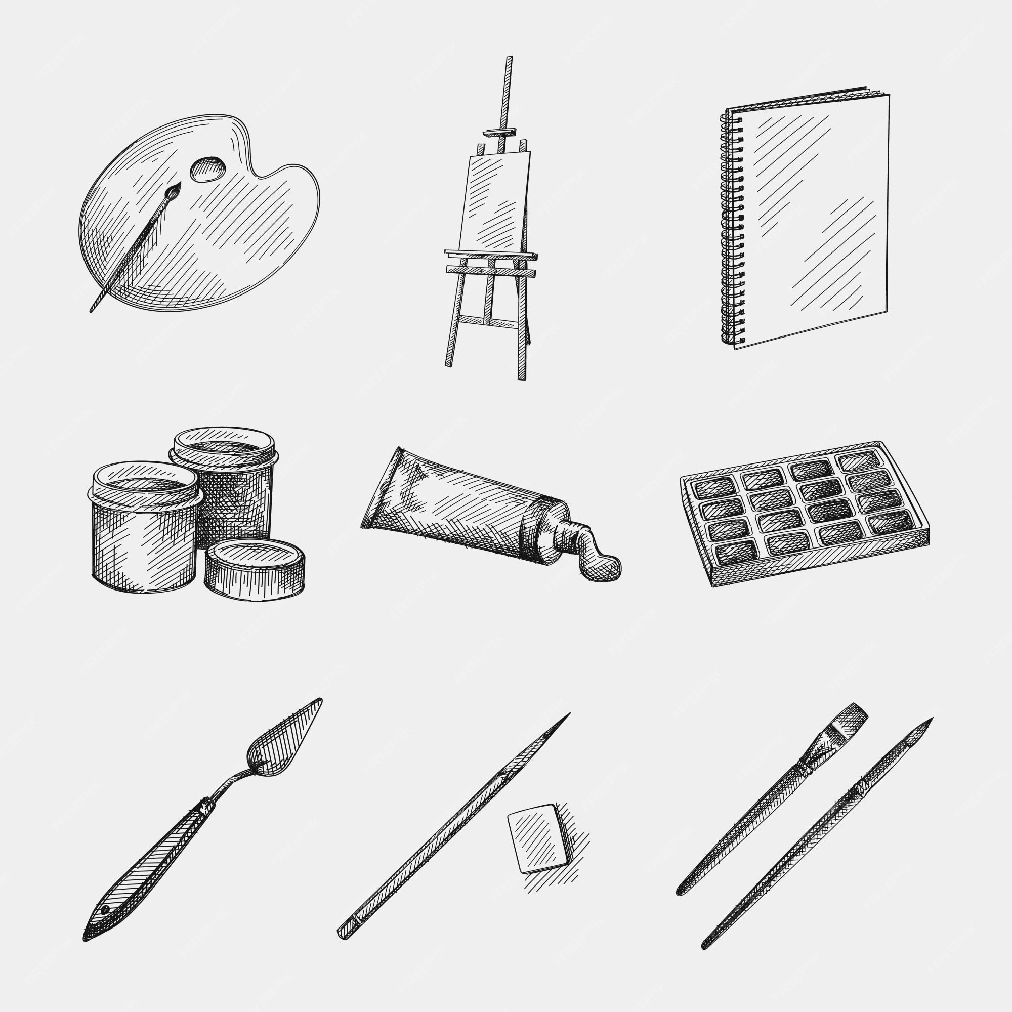 Premium Vector  Hand drawn set of artist tools doodle art supplies in  sketch style easel brushes paint pencils