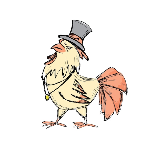 Hand drawn sketch of fashion rooster in hat on white background vector illustration