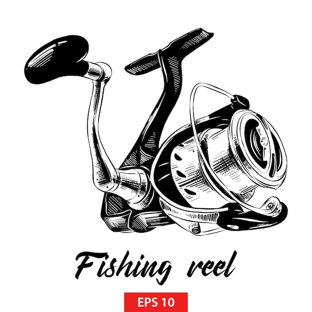 Vector hand drawn sketch of fishing reel in black