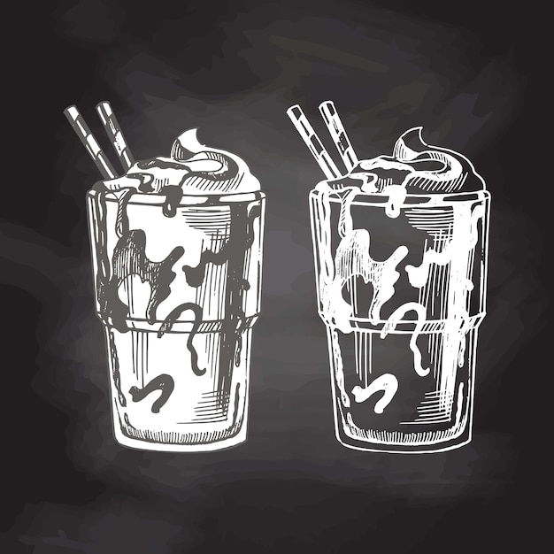 A hand drawn sketch of glass of chocolate milkshake isolated on chalkboard background