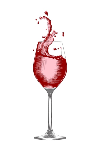 Vector hand drawn sketch a glass of wine with a splashes