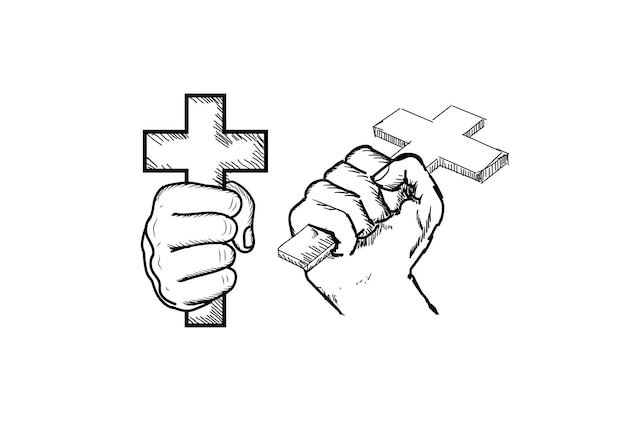 Vector hand drawn sketch hand hold wooden metal jesus christian catholic cross illustration vector