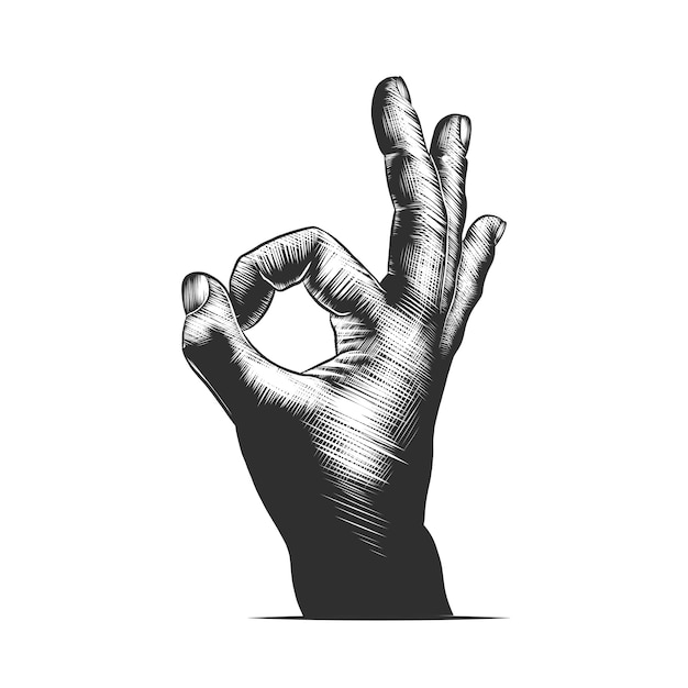 Hand drawn sketch of hand ok sign in monochrome