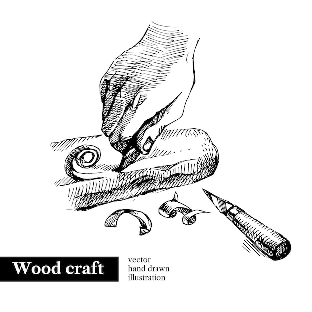 hand drawn sketch hands of craftsman wooden carving vector black and white vintage illustration