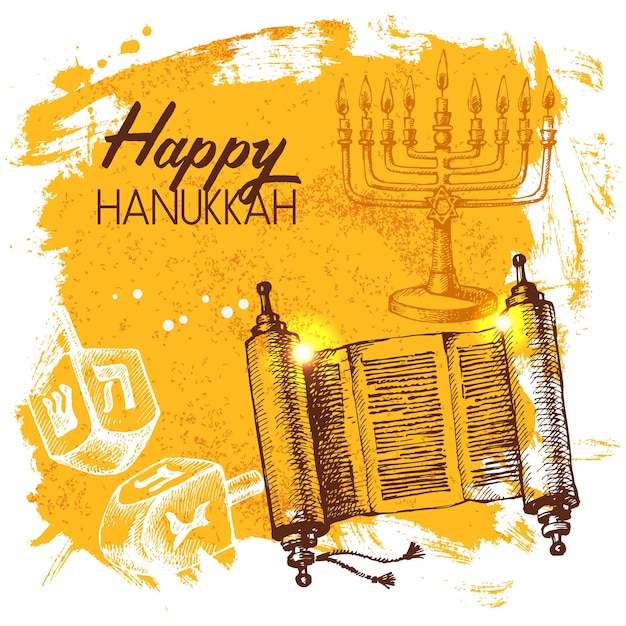 Hand drawn sketch Hanukkah background Israel festival card Vector illustration