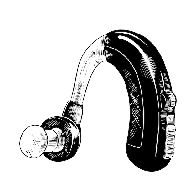 Vector hand drawn sketch of hearing aid in black