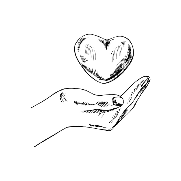 Hand drawn sketch of heart in empty open hand Eco ecology care saving the nature