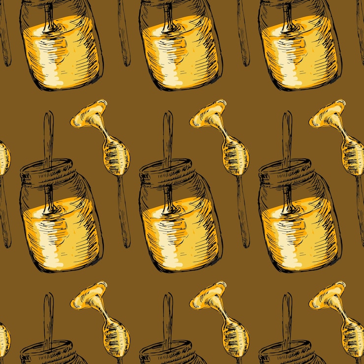 Vector hand drawn sketch of honey in jar and spoon background vector illustration can used for wrapping