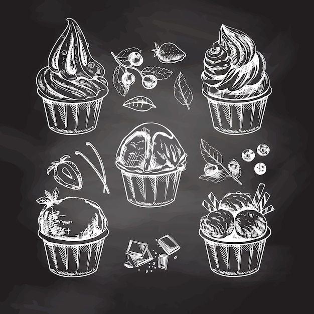 A hand-drawn sketch of ice cream balls, frozen yoghurt or cupcakes in cups isolated on chalkboard background. Blueberries, strawberries, vanilla pods, chocolate. Set. Vintage illustration.