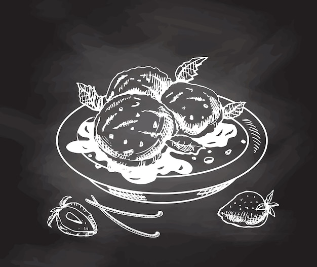 A hand-drawn sketch of an ice cream balls in a plate with chocolate sauce, vanilla pods, strawberries isolated on chalkboard background. Vintage illustration. Element for the design of labels, packagi