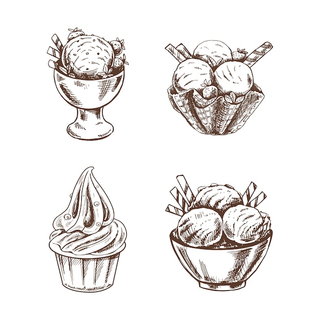 A hand drawn sketch of ice cream or frozen yoghurt in cups Vintage illustration