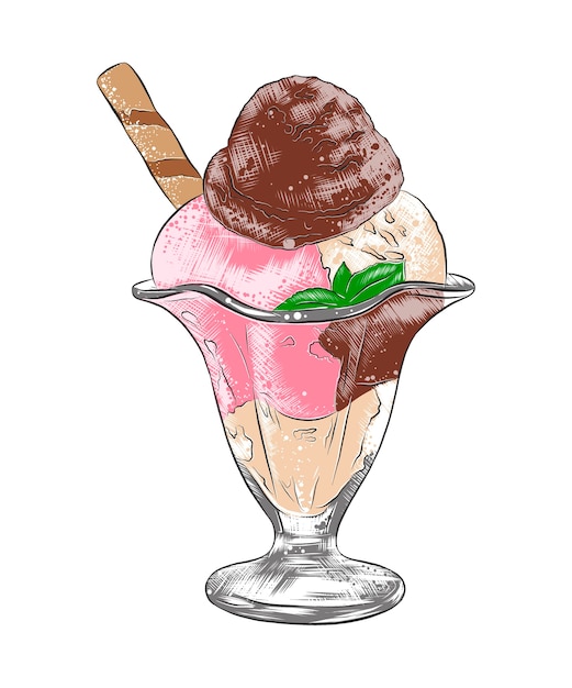 Schizzo disegnato a mano di gelato in una ciotola di gelato