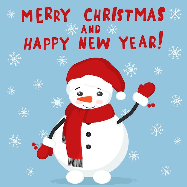 Hand drawn sketch illustration of christmas snowman waving hand and snowflakes. lettering merry christmas and happy new year. cute holidays cartoon character vector for greeting card, sticker, banner