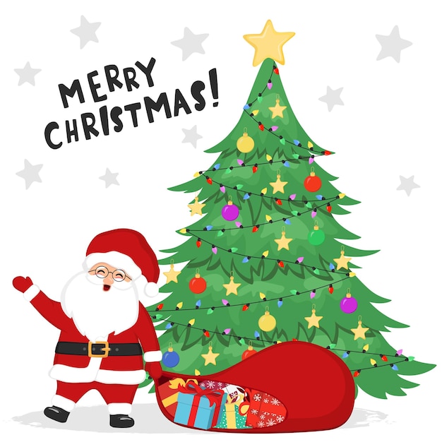 サンタバッグとギフトボックス、クリスマスツリー、星、装飾ボール、花輪とサンタクロースの手描きスケッチイラスト。サンタは袋を引っ張る。メリークリスマスのレタリング。お正月グリーティングカード