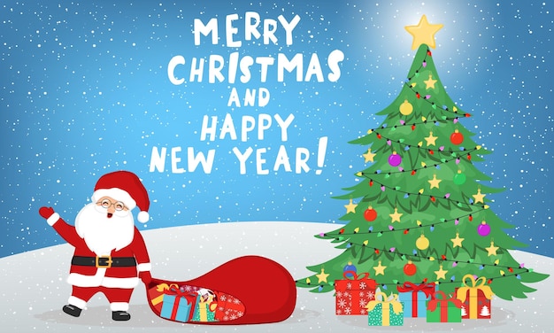 Schizzo disegnato a mano illustrazione di babbo natale con sacchetto di babbo natale e scatole regalo, albero di natale, stelle, palline decorative, ghirlande. banner, poster santa tira il sacco. scritte buon natale anno nuovo