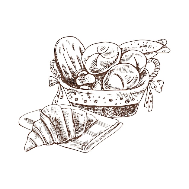 Vettore illustrazione dello schizzo disegnato a mano del cesto di vimini con pane e croissant, elemento da forno sketch