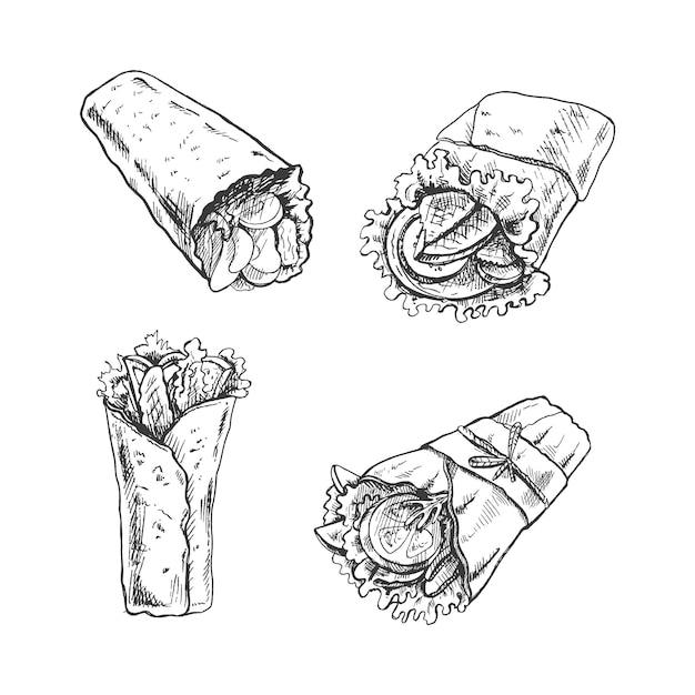 Vector hand drawn sketch illustrations of traditional burritos isolated on white background
