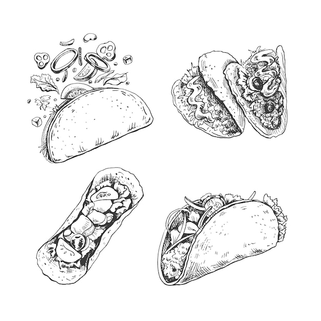 Hand drawn sketch illustrations of traditional mexican tacos in top and front or perspective view