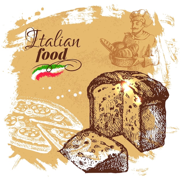 Vettore schizzo disegnato a mano sfondo di cibo italiano. illustrazione di vettore. progettazione del menu del ristorante