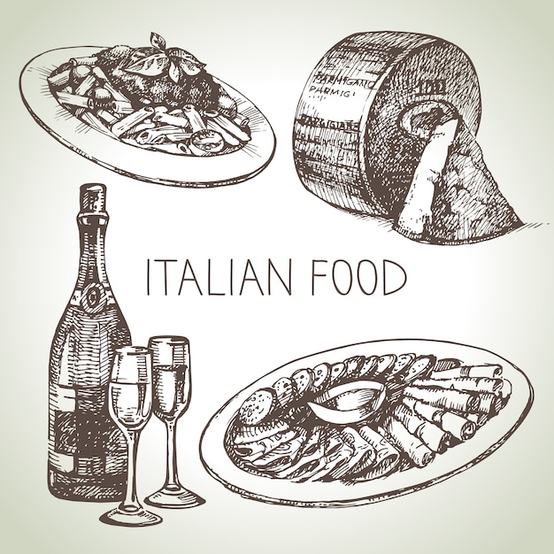 Insieme di cibo italiano schizzo disegnato a mano