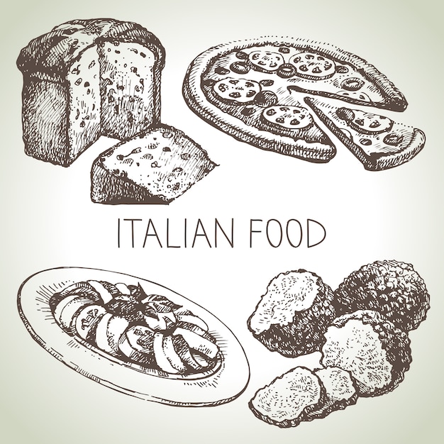 Insieme di cibo italiano schizzo disegnato a mano