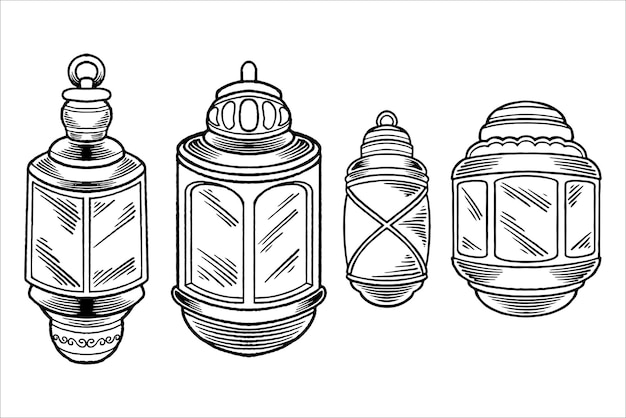 Schizzo disegnato a mano di lanterne come elemento di ornamenti islamici in stile monocromatico bianco nero