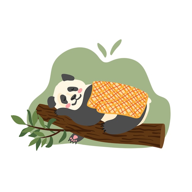 Hand drawn sketch lazy giant panda baby sleeping on tree branch Asian rainforest animal resting