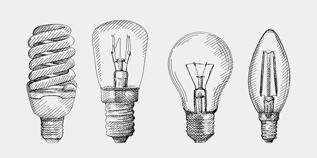 Vettore schizzo disegnato a mano del set di lampadine. il set è composto da lampadine a lato dritto, a globo, a spirale intrecciata, a forma di candela