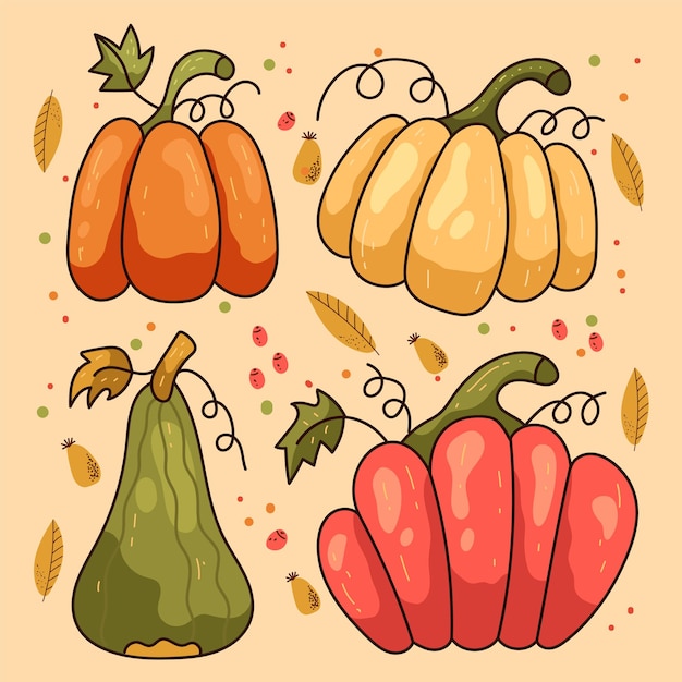 Hand drawn sketch line art pumpkin isolated set