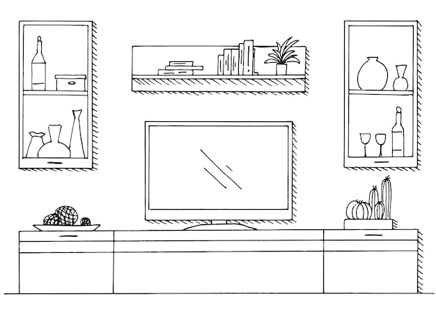 Schizzo disegnato a mano. schizzo lineare degli interni. libreria, comò con tv e mensole. illustrazione vettoriale