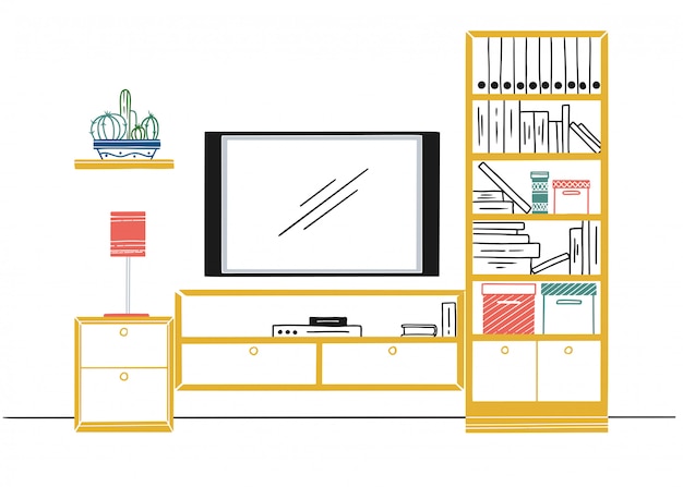 Hand drawn sketch. Linear sketch of the interior. Bookcase, dresser with TV and shelves.