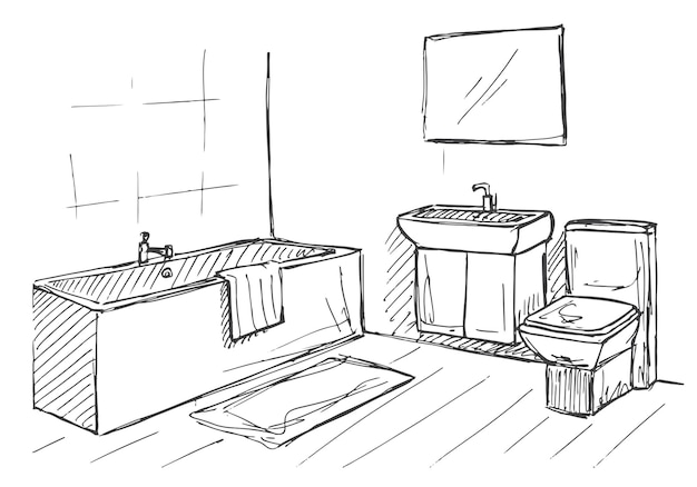 Schizzo disegnato a mano. schizzo lineare di un interno. parte del bagno. illustrazione vettoriale