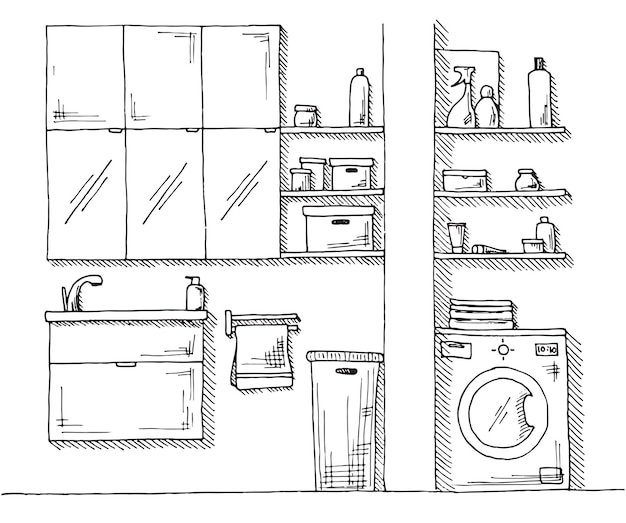 손으로 그린 된 스케치. 인테리어의 선형 스케치. 욕실의 일부입니다. 삽화.