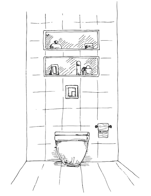 벡터 손으로 그린 스케치 욕실 벡터 일러스트 레이 션의 인테리어 부분의 선형 스케치