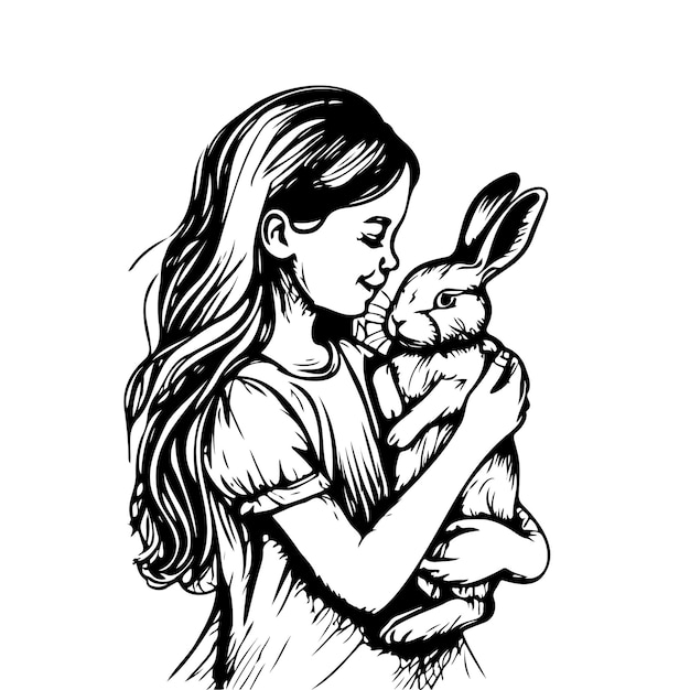 Hand drawn sketch a little girl holding a rabbit in her hands drawing with one line vector