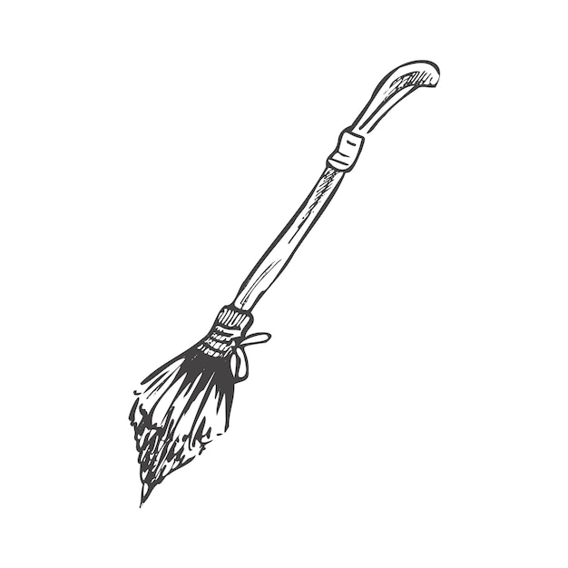 Hand drawn sketch of magic broom as witchcraft and symbol of magic