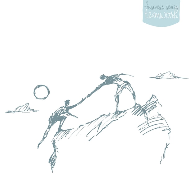 Hand drawn sketch of a man, helping another man to climb. teamwork, partnership, concept vector illu