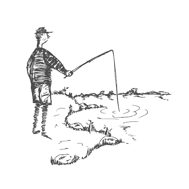 Vector hand drawn sketch of a man with a fishing on the river