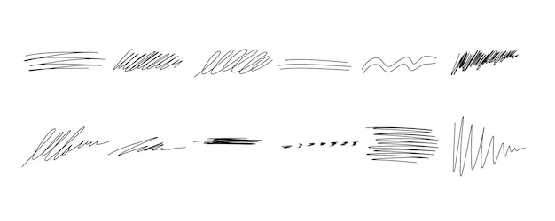 Vector hand drawn sketch marker line stroke set. highlight brush underline and strike through. pen