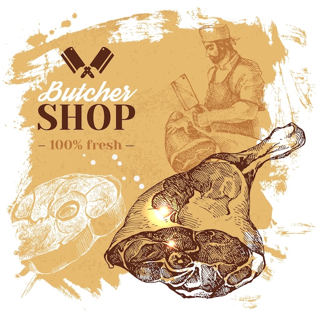 Ручной рисунок мясной мясной магазин фон Векторная винтажная иллюстрация Дизайн плаката меню