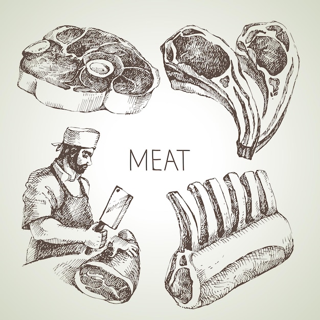 Ручной рисунок набор мясных продуктов Векторная черно-белая винтажная иллюстрация Изолированный объект на белом фоне Дизайн меню